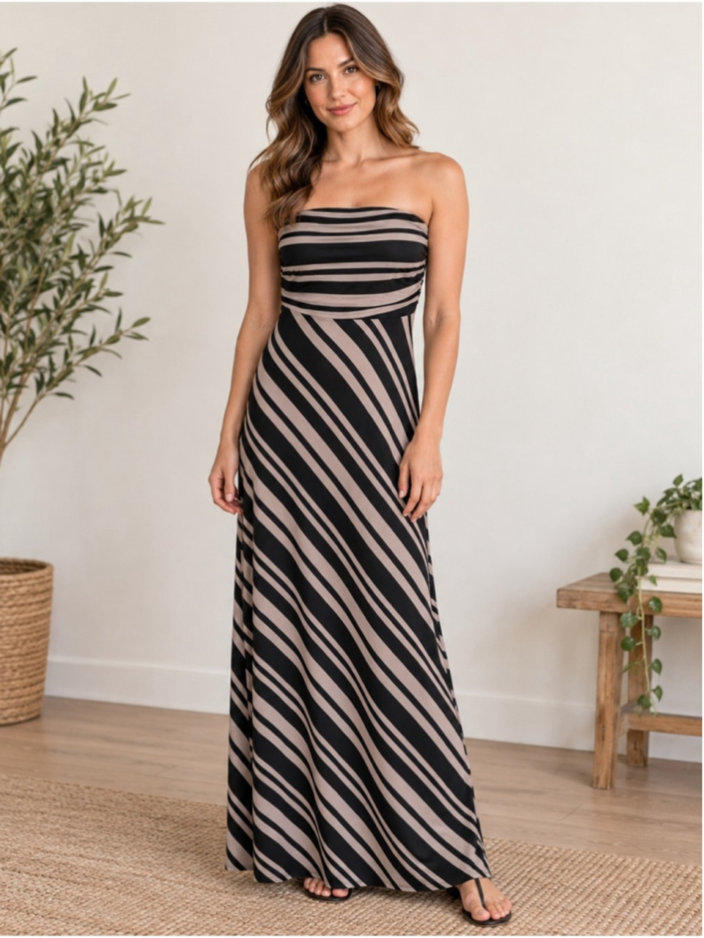 Banana Republic Strapless Black and Taupe Striped Maxi Dress Size S Resortwear